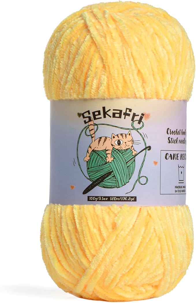 Fuzzy Chenille Yarn for Crocheting,Fluffy Amigurumi Crochet Yarn for DIY Craft/Hat/Shoes,(100 g/197 yds) Soft Velvet Baby Blanket Yarns（Light Yellow）