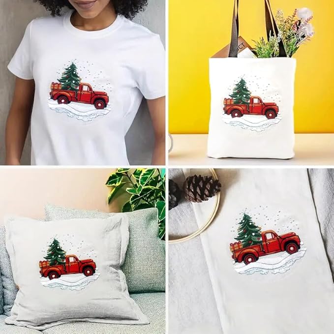 Zhenqing Christmas Tree & Red Truck Embroidery Kit - 29x29cm Printed Fabric, Hoop & Tools for Beginners (C0029)