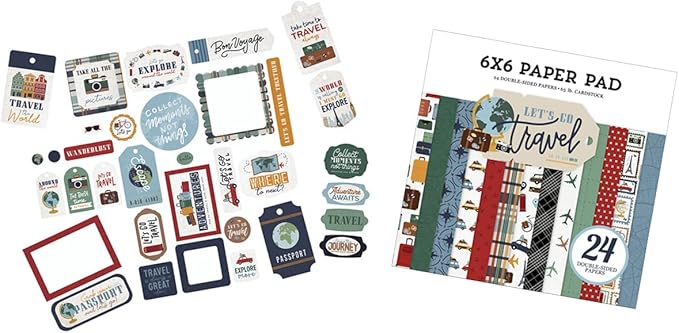 Trendzeen Travel Scrapbook Paper Pad - 6×6 Double Sided Paper Pack, Travel Ephemera Die Cuts for Vacation Album, Road Trip Journal - Adventure Theme Scrapbooking Supply - Total 2 Items