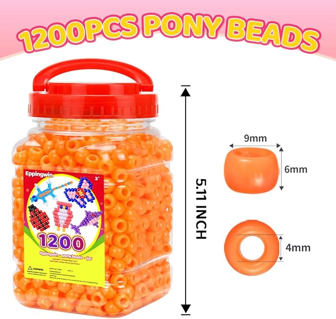 eppingwin 1200pcs pony beads for bracelets, 6x9mm kandi beads for hair braids, easy storage pony bead for jewelry making (orange)