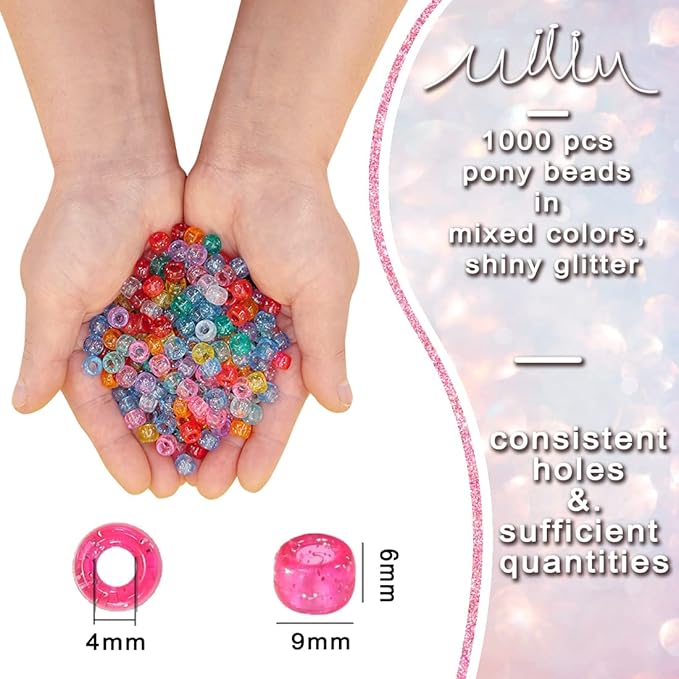 MIIIM 1000PCS 6x9mm Pony Beads Bulk, Glitter Kandi Beads for Bracelets Making Kit, Hair Braids Crafts for Jewelry Making (Glitter Mixed)