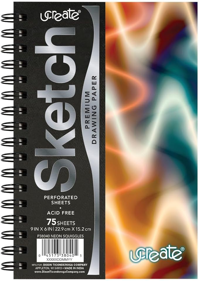 UCreate Fashion Poly Sketch Book, Neon Squiggles, 6" x 9", 1 Count