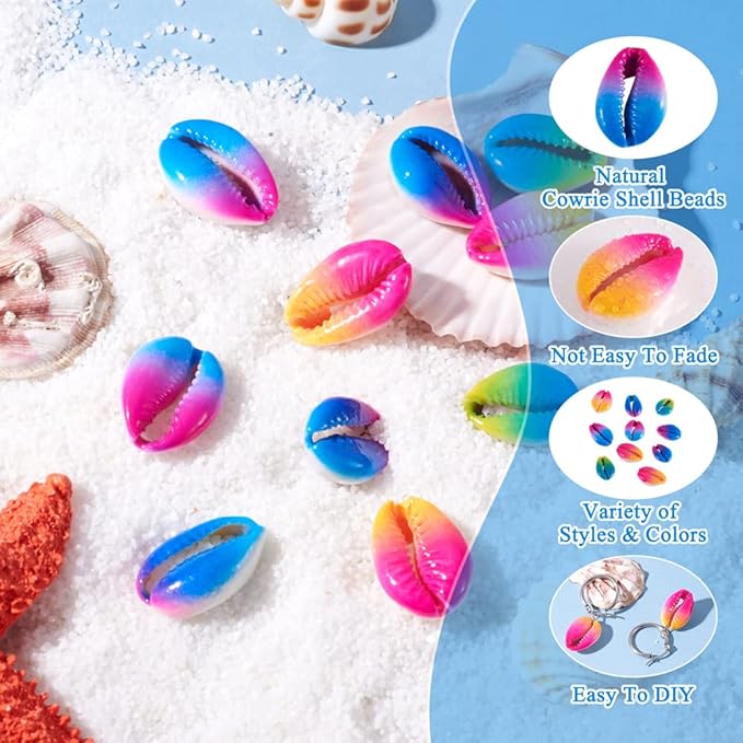 Cheriswelry 10pcs Two Tone Natural Cowrie Shell Beads Spray Painted No Hole Seashell Ocean Summer Beach Loose Spacer Beads Colorflu Charms 20~26mm for DIY Craft Bracelet Jewelry Making