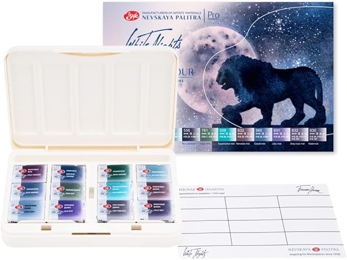 White Nights Granulating Watercolor Set 12 Full Pans of Professional Artist Grade Paints Vibrant Lightfast Colors Portable Durable Box by Nevskaya Palitra