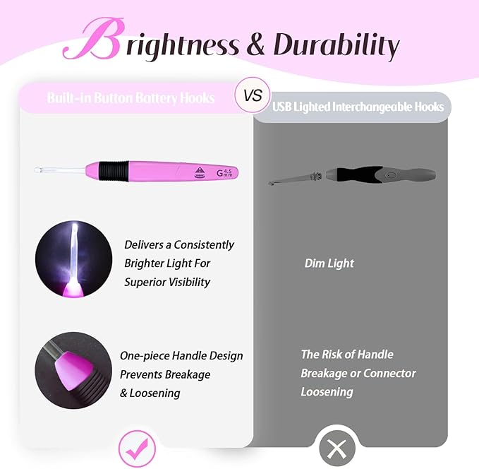 Yarniss Lighted Crochet Hook,4.5mm Crochet Hook Glow in Dark with Battery,Rose