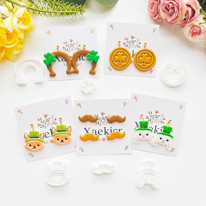 St. Patrick's Day Polymer Clay Cutters Set - 10pcs Sharp & Durable Leprechaun, Horseshoe & Beer Mug Shapes for DIY Earring Jewelry Making, Soft Clay Crafts & Holiday Supplies