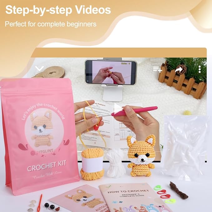 Autglint Fox Crochet Kit for Beginners, Amigurumi Animal DIY Knitting Kit with Step-by-Step Video Guides, Learn to Crochet Kit for Adults & Kids with Pre-Started Yarn - Orange Fox