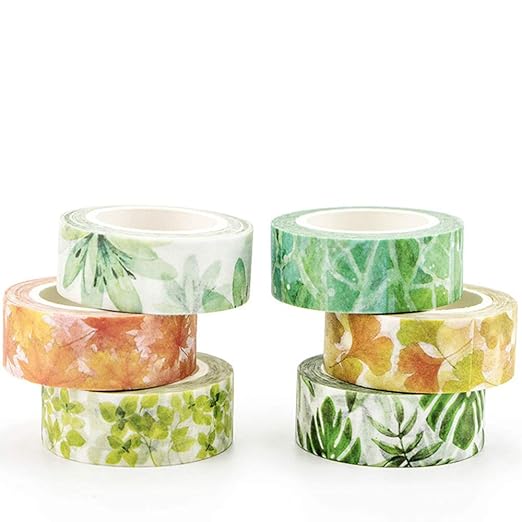YUBBAEX Lush Plants Washi Tape Set 6 Rolls Floral Masking Decorative Tapes 15mm Wide (Feeling of Leaves)