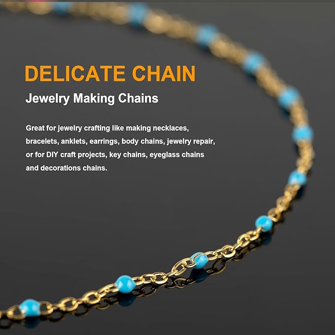 KYUNHOO Light Blue Beaded Chain Spool Gold Plated Jewelry Making Chain Necklace with Lobster Clasps and Jump Rings for Jewelry Crafts DIY Making Finding Supplies