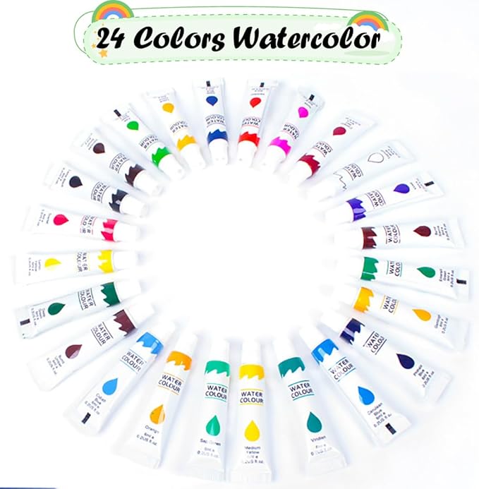 Pocket Wooden Paint Palette with Metal Clip, Water Colour Paints Sets with Sketchbook & Water Pen for Painters,Artists,Beginner (Blue-24 Colors, L-15 Grids)