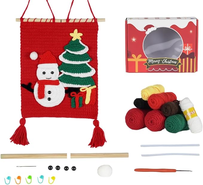 Festive Crochet Set - a Beginner-Friendly Crochet Set that Includes Step-by-Step Instructional Videos and Crochet Pattern Manuals (Christmas Tree Snowman Tapestry)