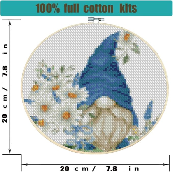 Stamped Cross Stitch Kits for Adults with Frame - Gnome Flower Embroidery Kits for Beginners Adults,11 CT Patterns Dimensions Counted Cross Stitch Kits Arts Craft Kits,for Gift and Home Decor 8x8inch