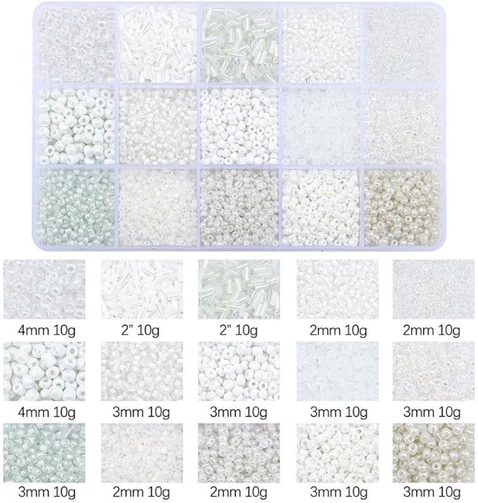 Mix 15 Color Glass Seed Tube Beads Glass Bugle Beads Loose Kit for Jewelry Making DIY Craft Beading (Mix 15 Color, White)