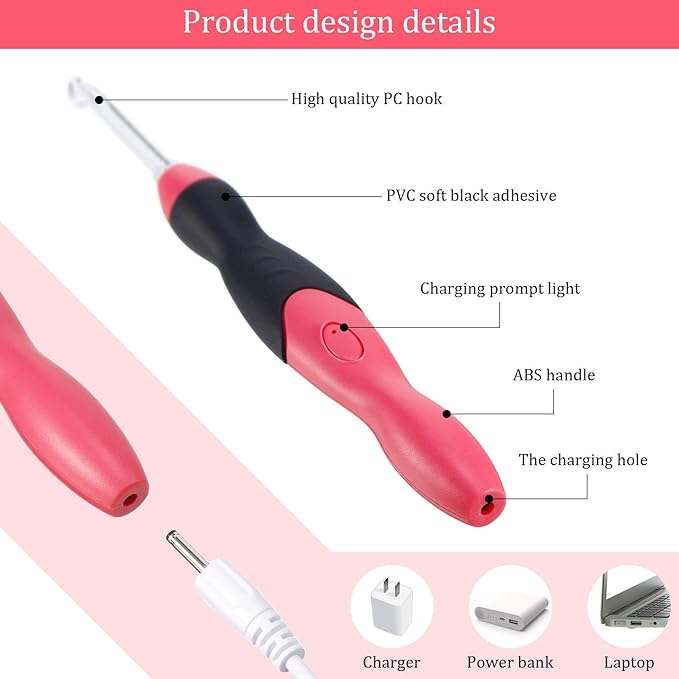 Chuangdi 11 Sizes Lighted Crochet Hooks Set Rechargeable Crochet Hook Light up Hooks with Case, Interchangeable Heads 2.5 mm to 8 mm for DIY Craft Supplies(Red-Black)