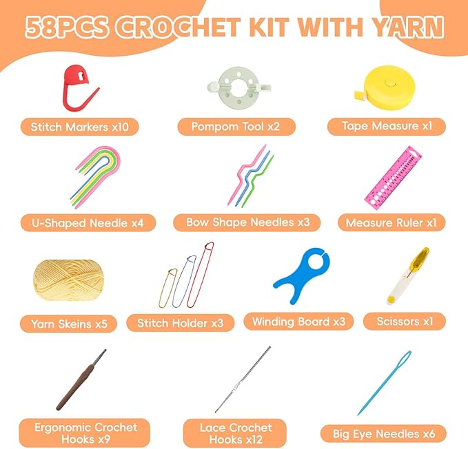 HATINXIA 58pcs Crochet Kit Beginners, Crochet Hook Set with Yarn, Portable Crocheting Kit for Starter, Ergonomic Crochet Needles Tools DIY Knitting Accessories for Experienced Crochet Lovers, Horse
