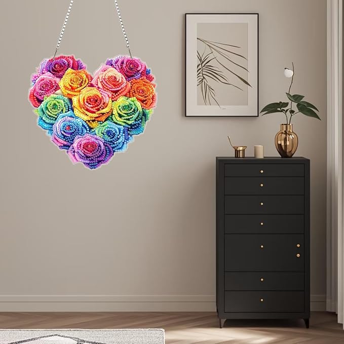 Masendp Multicolored Roses Hanging Diamond Art Kits for Adults, Special Shaped Heart-Shaped Diamond Painting Pendant Ornaments Kit DIY Crystal Rhinestone Gem for Home Decoration and Gifts