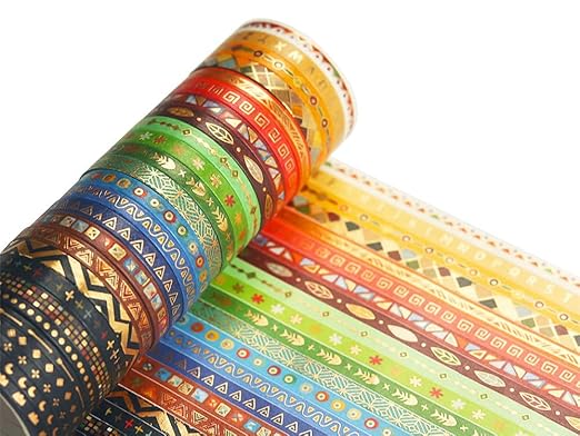 YUBBAEX 26 Rolls Indian Washi Tape Set, 5MM Wide Folk Totem Foil Gold Thin Decorative Masking Washi Tapes for Journal,Scrapbook, Planner, DIY Crafts