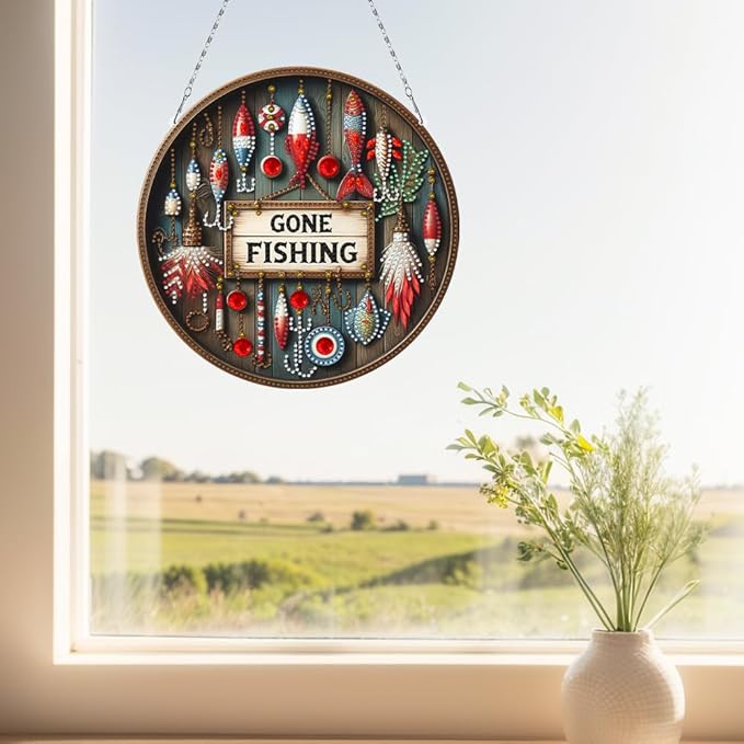 POETRYDRAW DIY Hanging Diamond Art Pendant Kit Outdoor Fishing, Special Crystal Diamonds Painting Ornament for Adults, 5D Diamond Art Suncatchers Double Sided Board Gem Painting Box Kit