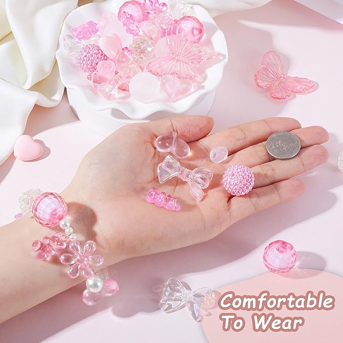 FASHEWELRY Pink Acrylic Pony Beads Assorted Heart Candy Flower Bear Beads Gummy Cute Pastel Bead Bulk for Bracelets Necklaces Key Chains Jewelry Making, 70pcs