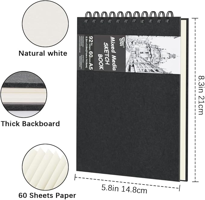 8.3" x 5.8" Hardcover Sketchbook, Top Spiral Bound Art Journal Sketchbook, 60 Sheets 92LB/150 GSM Acid-Free Drawing Neutral White Mixed Media Paper for Adults Beginners Artists.Black
