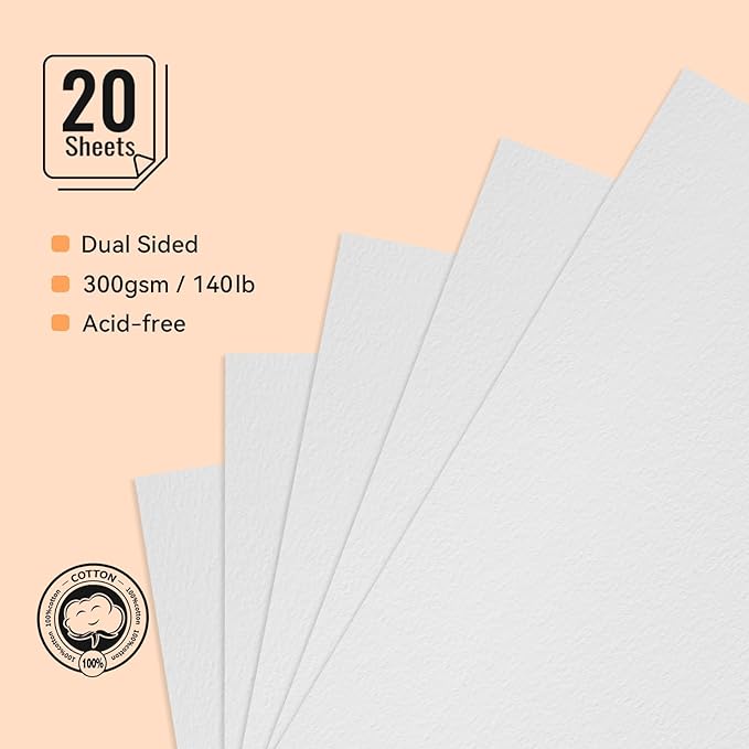 Lightwish Watercolor Sketchbook, 100% Cotton 300gsm Cold Press, 6.69" x 3.94", 20 Sheets, Binder Bound & Refillable, Acid Free Paper for Artists, Adults, Students, Travel Art Journal