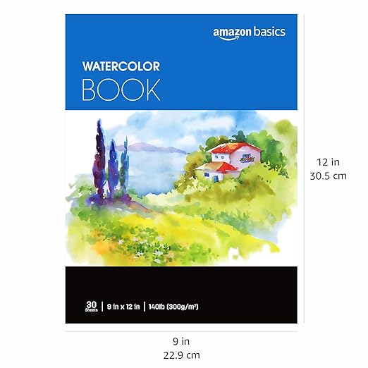 Amazon Basics Watercolor Pad for Beginners, Artists, Adults and Students, Cold Press Textured Surface, 9"x12", 140 lb / 300 gsm, 30 Sheets, White