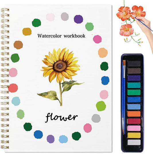 Watercolor Workbook, Water Coloring Book, 12 Different Patterns of Original DIY Designs, 12 Colors Watercolor Paint Set with Palette and Brush, Beginner-Friendly Watercolor Workbooks（Flower）