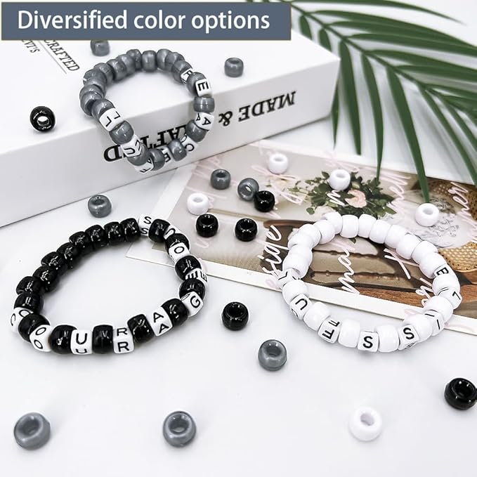 MIIIM 1300 Pcs Pony Beads Kit for Friendship Bracelet, 4 Styles Kandi Bracelet Kit in Box with Individual Compartments, Hair Beads for Braids, Letters (Black and White)