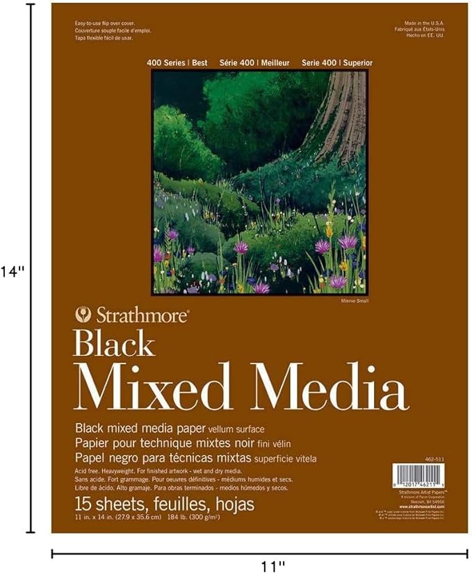 Strathmore 400 Series Mixed Media Paper, Black, Glue Bound Pad, 11x14 inches, 15 Sheets (184lb/300g) - Artist Paper for Adults and Students - Watercolor, Gouache, Graphite, Ink, Pencil, Marker