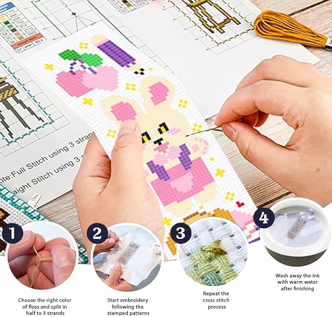 ORIGACH 6 Set Cartoon Animal & Reading Elements Cross Stitch Bookmark Kit for Beginner with Backing Felt Floss Instructions DIY Stamped Embroidery Bookmark Kit for Adults, Book Lovers