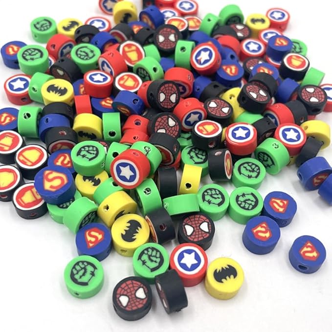 300pcs Polymer Clay Superhero Beads Color Mixed Cute Kawaii Charm Beads for Jewelry Crafts Gift DIY Kit Supply