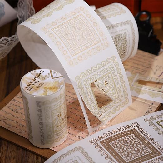Vintage Pre-Cut Lace Border Circle Stickers Tape for Journaling, 6 Rolls White Kraft Paper Decorative Tapes Set, Frame Labels for Scrapbooking, Junk Journal Supplies, Collage, Card Making