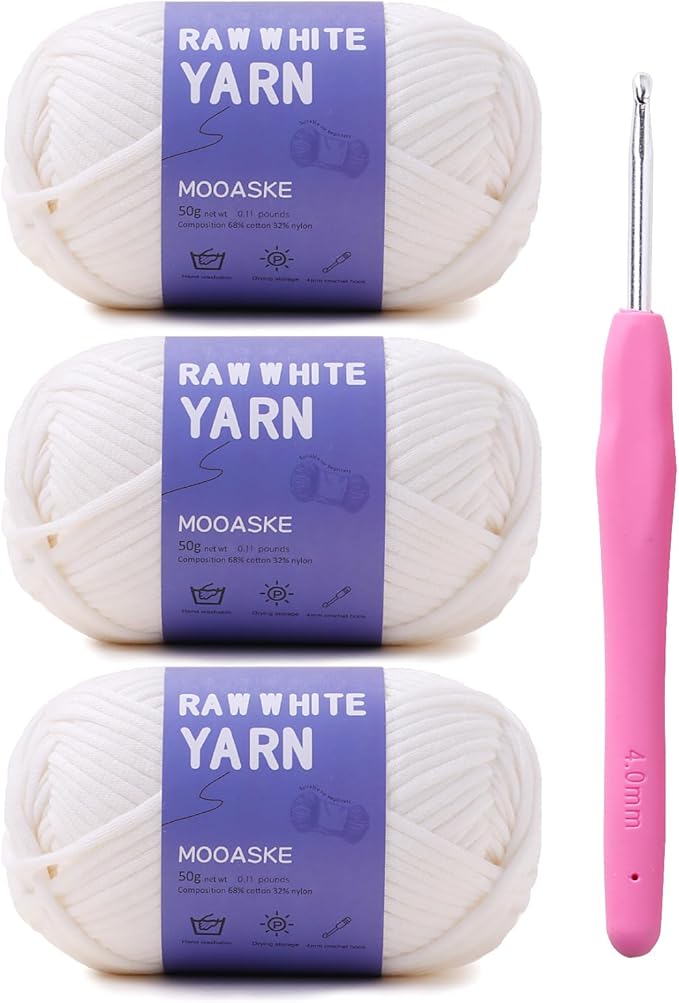 3 Pack (3 x 50g) Crochet Yarn with Crochet Hook - Worsted Medium Yarn for Crocheting - Easy-to-See Stitches Cotton-Nylon Blend Beginner Knitting Yarns for Adults and Kids