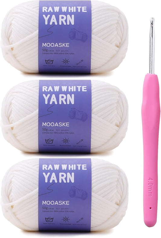 3 Pack (3 x 50g) Crochet Yarn with Crochet Hook - Worsted Medium Yarn for Crocheting - Easy-to-See Stitches Cotton-Nylon Blend Beginner Knitting Yarns for Adults and Kids
