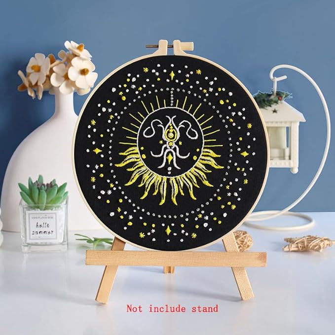 konrisa 3 pcs stamped embroidery starter kit for adults beginners, universe planet pattern cross stitch kits, diy sewing practice kit, needlepoint kits include 1pcs hoops, hanging decoration for home