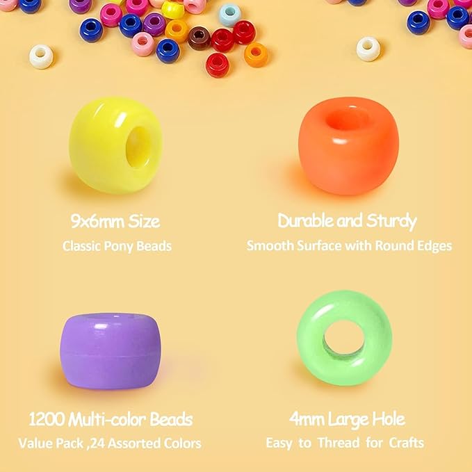 simetufy 3600pcs pony beads bulk, 24 assorted colors rainbow plastic beads for hair braiding friendship bracelets diy crafting kandi jewelry making