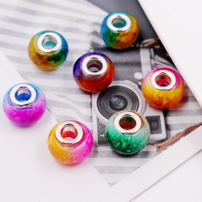 AIPRIDY 100Pcs 15x11mm Painting Murano Large Hole Glass Beads Mix Color with Silver Brass Cores European Charm fit Bracelet Necklace (Explosive Double Color Glass)