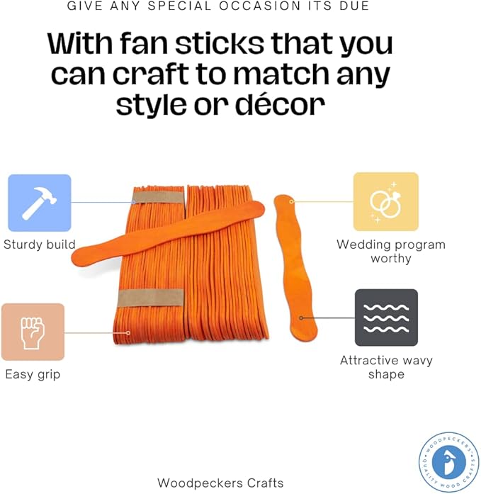 Wooden Orange 8" Fan Handles, Wedding Programs, Paint Mixing, Pack 75, Jumbo Craft Popsicle Sticks for Auction Bid Paddles, Wooden Wavy Flat Stems for Any DIY Crafting Supplies Kit, by Woodpeckers