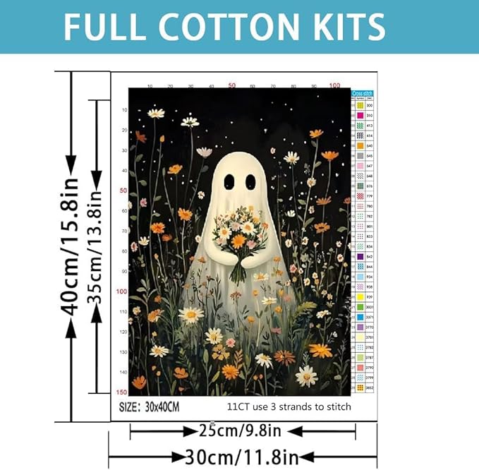 Horror Ghost Stamped Cross Stitch Kits for Adults -Halloween Embroidery Kits for Beginners Adults,11 CT Patterns Dimensions Counted Cross Stitch Kits for Adults Arts Craft 12x16 inch