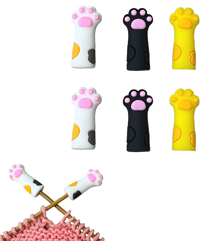 SPANSEE 6 PCS Stitch Stoppers for Small Knitting Needles, Knitting Accessories fit Sizes US 2.5-11 (3mm-8mm) Needles, Knitting Point Protectors, Knitting Needle Caps, Cat Paw Knitting Needle Stoppers