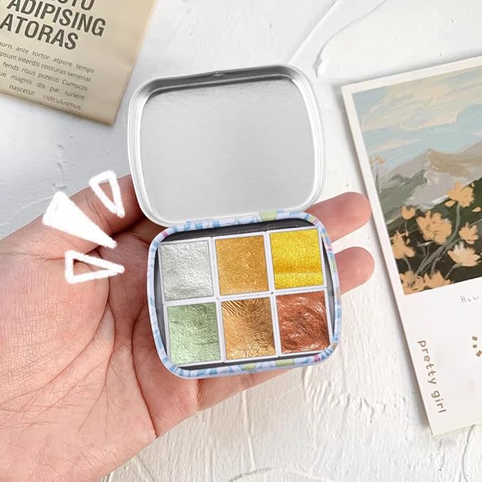 Art Supplies Handmade Watercolor Paint Set - 6 Metallic Gold Colors Half Pans Glitter Solid Water Color- Metal Case Sparkle Pearlescent Watercolour for Artists. White Green