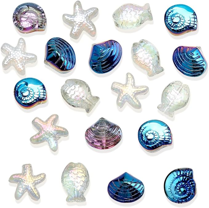 Ocean Theme Aesthetic Beads - Blue Snail Shell, White Starfish, Glass & Crystal for Bracelets & Jewelry Making