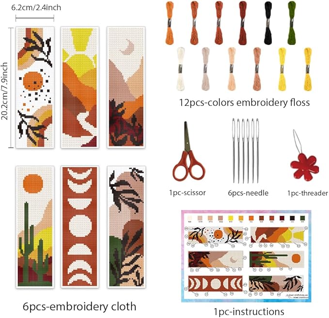 INFUNLY 6PCS Boho Cross Stitch Bookmark Kits 8''x2.4'' Landscape Bookmark Making Kit Moon Phases DIY Stamped Embroidery Bookmarks for Beginners with Instruction for Book Lovers Reader Writers Gift