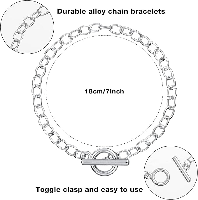 80 Pcs Silver Bracelets Bulk Kit Chain Bracelets with Ot Toggle Clasps Bulk for Women Alloy Round Link Bracelet Connectors Minimalist Jewelry Making Chain DIY Crafts Supplies(Silver)