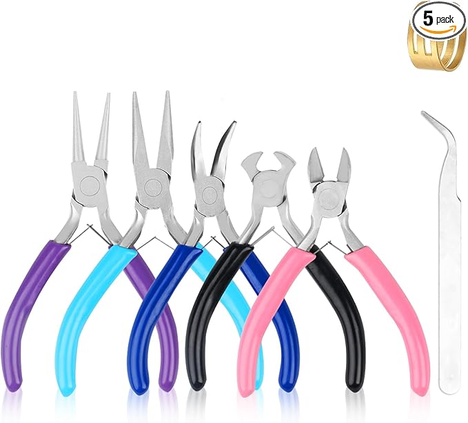 5 pcs jewelry making pliers tools,includes needle,round,chain, bent & zipper pliers for repair, wire wrapping & crafts diy craft jewelry making supplies