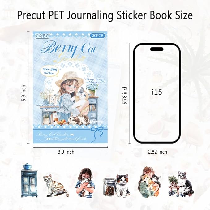 Journal Sticker Book for Journaling and Scrapbooking, Cat Blueberry Theme, 20 Sheets 3.9x5.9 inches, Precut Transparent PET Stickers for Junk Journal Supplies, Collage, Scrap Book