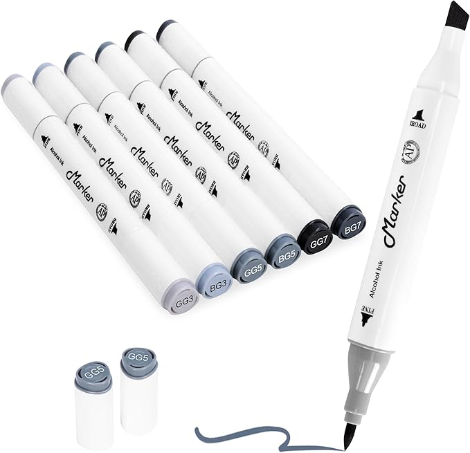Grey Gray Alcohol Markers, 6 Pack Dual Tips Soft Fine Tip and Broad Tip Permanent Art Marker for Artists Adults Coloring Drawing Illustration Sketching Painting (Grey2)