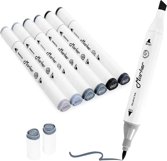 Grey Gray Alcohol Markers, 6 Pack Dual Tips Soft Fine Tip and Broad Tip Permanent Art Marker for Artists Adults Coloring Drawing Illustration Sketching Painting (Grey2)