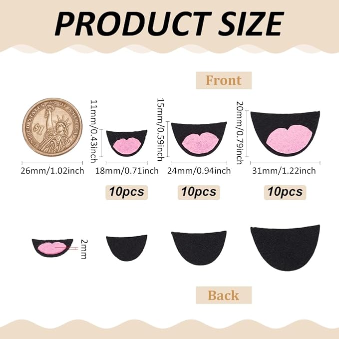 FINGERINSPIRE 30 PCS Felt Mouth for Dolls 3 Size Felts Craft Doll Mouths Pink Black Felts Mouths Safety Felt Mouth for Adults Crafts Puppet Teddy Bear Crochet Stuffies Plush Animals DIY Accessories