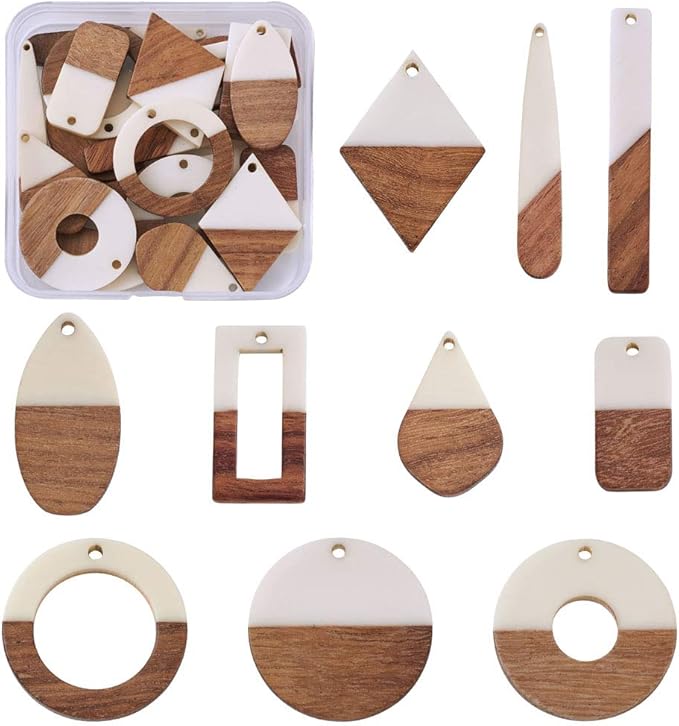 Beadthoven 20pcs/10 Pairs White Natural Wood Resin Charms DIY Earrings Pendants Mixed Shapes Wooden Pieces Pendants for Statement Jewelry Making Findings